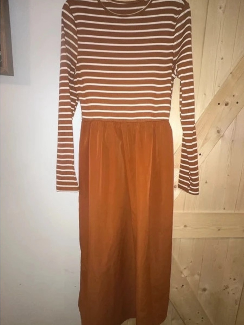 SHEIN Striped Long Sleeve Midi Dress in Rust and White